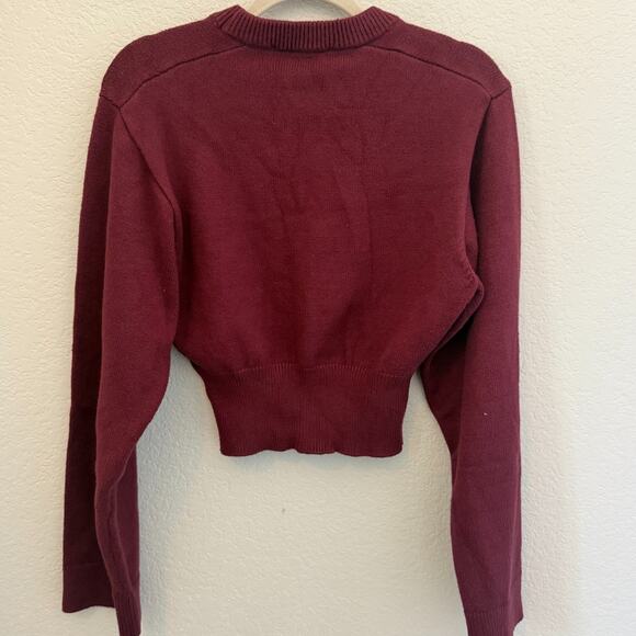 ZARA Cropped Knit Sweater Burgundy Ribbed Hem Crew Neck Long Sleeve Womens M Top - Picture 2 of 7